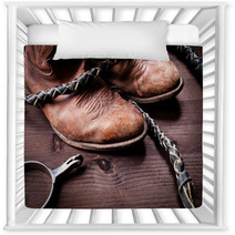 Cowboy Boots Whip And Spurs On Wood Nursery Decor 38875711