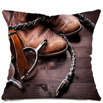 Cowboy Boots,whip And Spurs On Wood Pillows 38856298