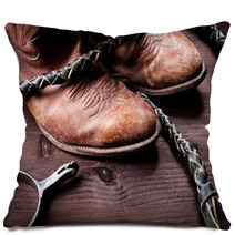 Cowboy Boots Whip And Spurs On Wood Pillows 38875711