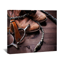 Cowboy Boots,whip And Spurs On Wood Wall Art 38856298
