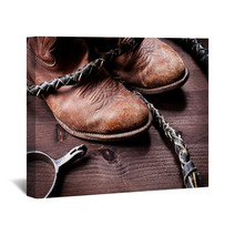 Cowboy Boots Whip And Spurs On Wood Wall Art 38875711