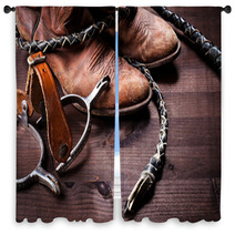 Cowboy Boots,whip And Spurs On Wood Window Curtains 38856298
