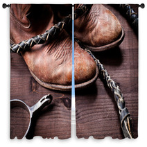 Cowboy Boots Whip And Spurs On Wood Window Curtains 38875711