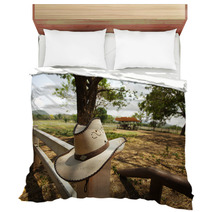 Cowboy Hat, Light Brown Cowboy Hat Hanging On Farm Fence Bedding 53712180