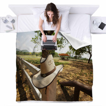 Cowboy Hat, Light Brown Cowboy Hat Hanging On Farm Fence Blankets 53712180