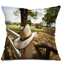 Cowboy Hat, Light Brown Cowboy Hat Hanging On Farm Fence Pillows 53712180