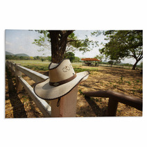 Cowboy Hat, Light Brown Cowboy Hat Hanging On Farm Fence Rugs 53712180