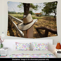 Cowboy Hat, Light Brown Cowboy Hat Hanging On Farm Fence Wall Art 53712180