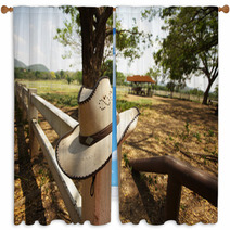Cowboy Hat, Light Brown Cowboy Hat Hanging On Farm Fence Window Curtains 53712180