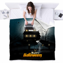 Creepy Cartoon Haunted House And Spooky Road Blankets 68390730