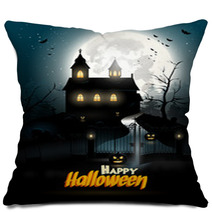 Creepy Cartoon Haunted House And Spooky Road Pillows 68390730