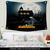 Creepy Cartoon Haunted House And Spooky Road Wall Art 68390730
