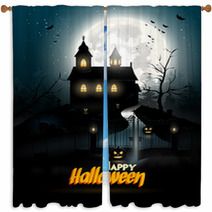 Creepy Cartoon Haunted House And Spooky Road Window Curtains 68390730
