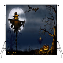Creepy Halloween Scarecrow Scene - Digital Illustration Backdrops 91428777