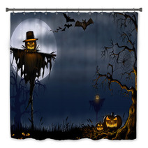 Creepy Halloween Scarecrow Scene - Digital Illustration Bath Decor 91428777