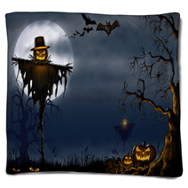Creepy Halloween Scarecrow Scene - Digital Illustration Blankets 91428777