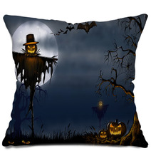 Creepy Halloween Scarecrow Scene - Digital Illustration Pillows 91428777