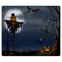Creepy Halloween Scarecrow Scene - Digital Illustration Rugs 91428777