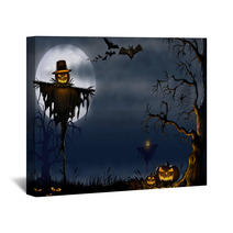 Creepy Halloween Scarecrow Scene - Digital Illustration Wall Art 91428777