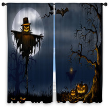 Creepy Halloween Scarecrow Scene - Digital Illustration Window Curtains 91428777