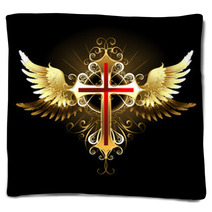 Cross With Golden Wings Blankets 129886346