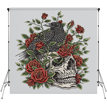 Crow Roses And Skull Tattoo Design Backdrops 80289459