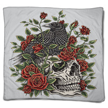 Crow Roses And Skull Tattoo Design Blankets 80289459