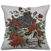Crow Roses And Skull Tattoo Design Pillows 80289459