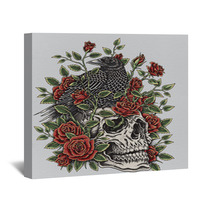 Crow Roses And Skull Tattoo Design Wall Art 80289459