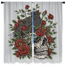 Crow Roses And Skull Tattoo Design Window Curtains 80289459