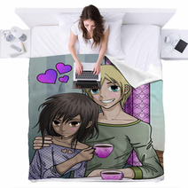 Cute Anime Style Couple Enjoying Valentines Day Blankets 29745434