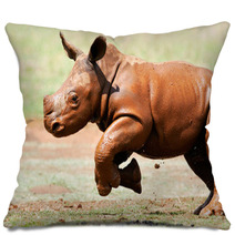 Cute Baby Wild White Rhino Running Through The Mud Pillows 65856039