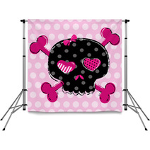 Cute Black Skull With Heart Eyes And Polka Dot Background Backdrops 53038779