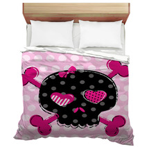 Cute Black Skull With Heart Eyes And Polka Dot Background Bedding 53038779