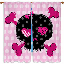 Cute Black Skull With Heart Eyes And Polka Dot Background Window Curtains 53038779