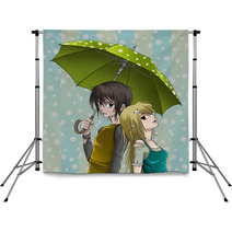 Cute Boy And Girl With Umbrella And Nice Background Backdrops 28018489