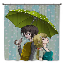 Cute Boy And Girl With Umbrella And Nice Background Bath Decor 28018489