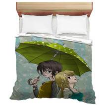 Cute Boy And Girl With Umbrella And Nice Background Bedding 28018489