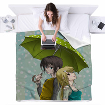 Cute Boy And Girl With Umbrella And Nice Background Blankets 28018489