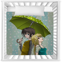 Cute Boy And Girl With Umbrella And Nice Background Nursery Decor 28018489