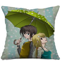 Cute Boy And Girl With Umbrella And Nice Background Pillows 28018489