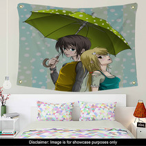 Cute Boy And Girl With Umbrella And Nice Background Wall Art 28018489