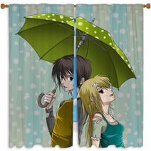 Cute Boy And Girl With Umbrella And Nice Background Window Curtains 28018489