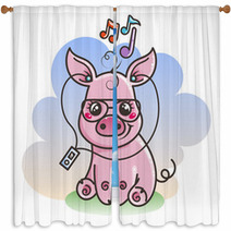 Cute Cartoon Baby Pig In A Cool Sunglasses Window Curtains 212867346