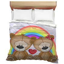 Cute Cartoon Lover Bears In Front Of A Rainbow Bedding 61433551
