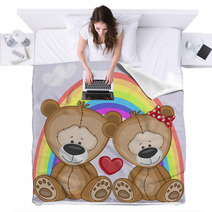 Cute Cartoon Lover Bears In Front Of A Rainbow Blankets 61433551
