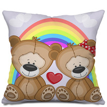Cute Cartoon Lover Bears In Front Of A Rainbow Pillows 61433551