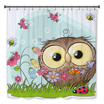 Cute Cartoon Owl On A Meadow Bath Decor 170431446