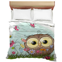 Cute Cartoon Owl On A Meadow Bedding 170431446
