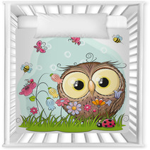 Cute Cartoon Owl On A Meadow Nursery Decor 170431446
